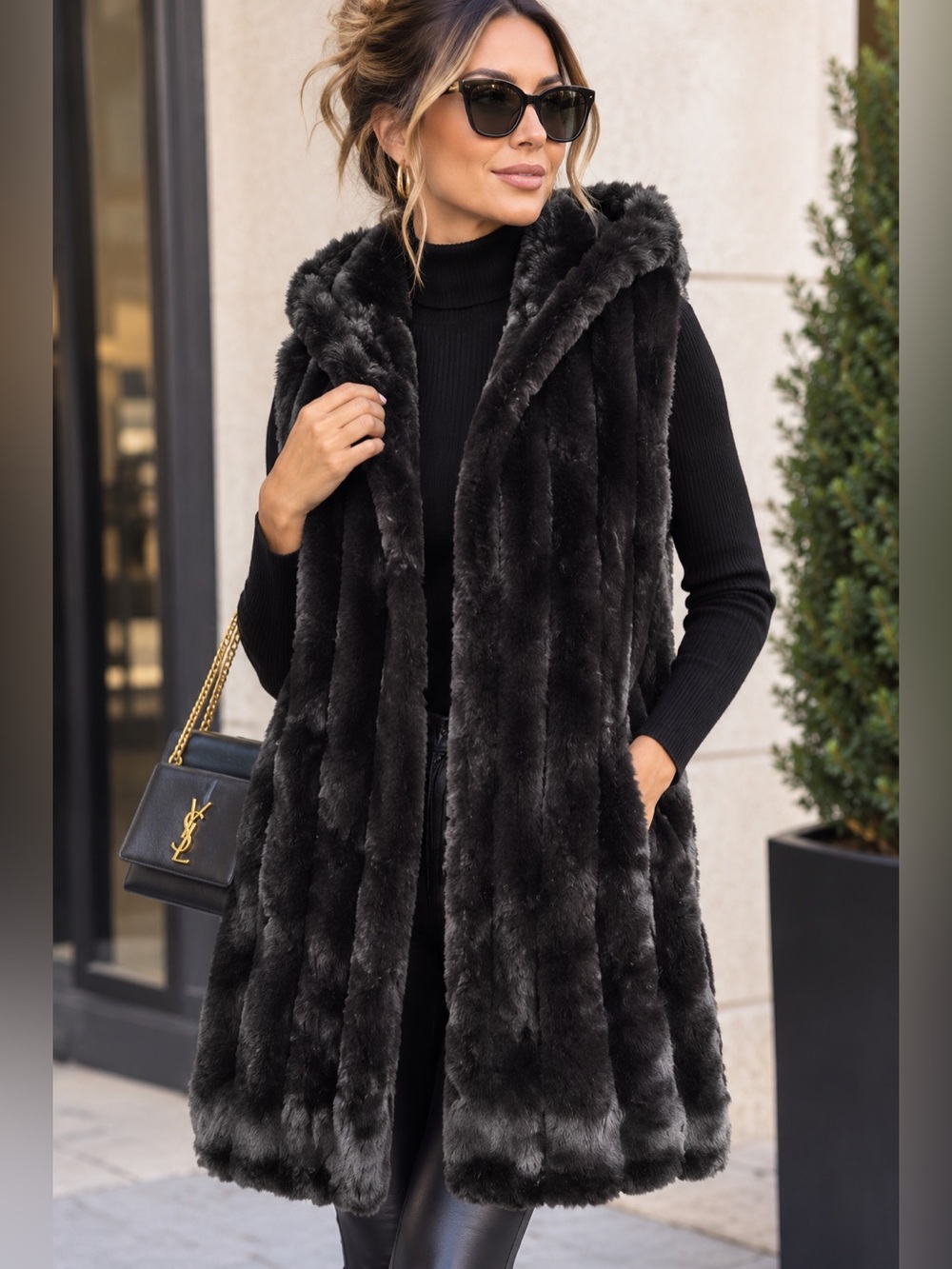 Rare Find! Fabulous Furs Black Lined Hooded Long Couture Line Vest SZ M
